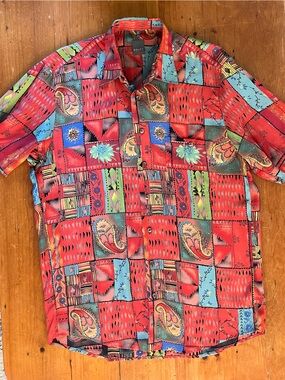 HAUPT Bold Red/Orange Paisley Patchwork Pattern Short-Sleeve Shirt